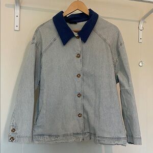 Women’s Striped Button-Up Jacket with Navy Collar